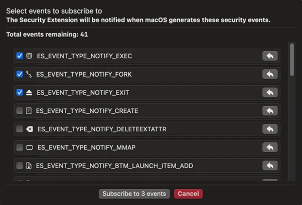 A screenshot of the settings window in Mac Monitor that allows a user to select which ES event types the client should subscribe to.
